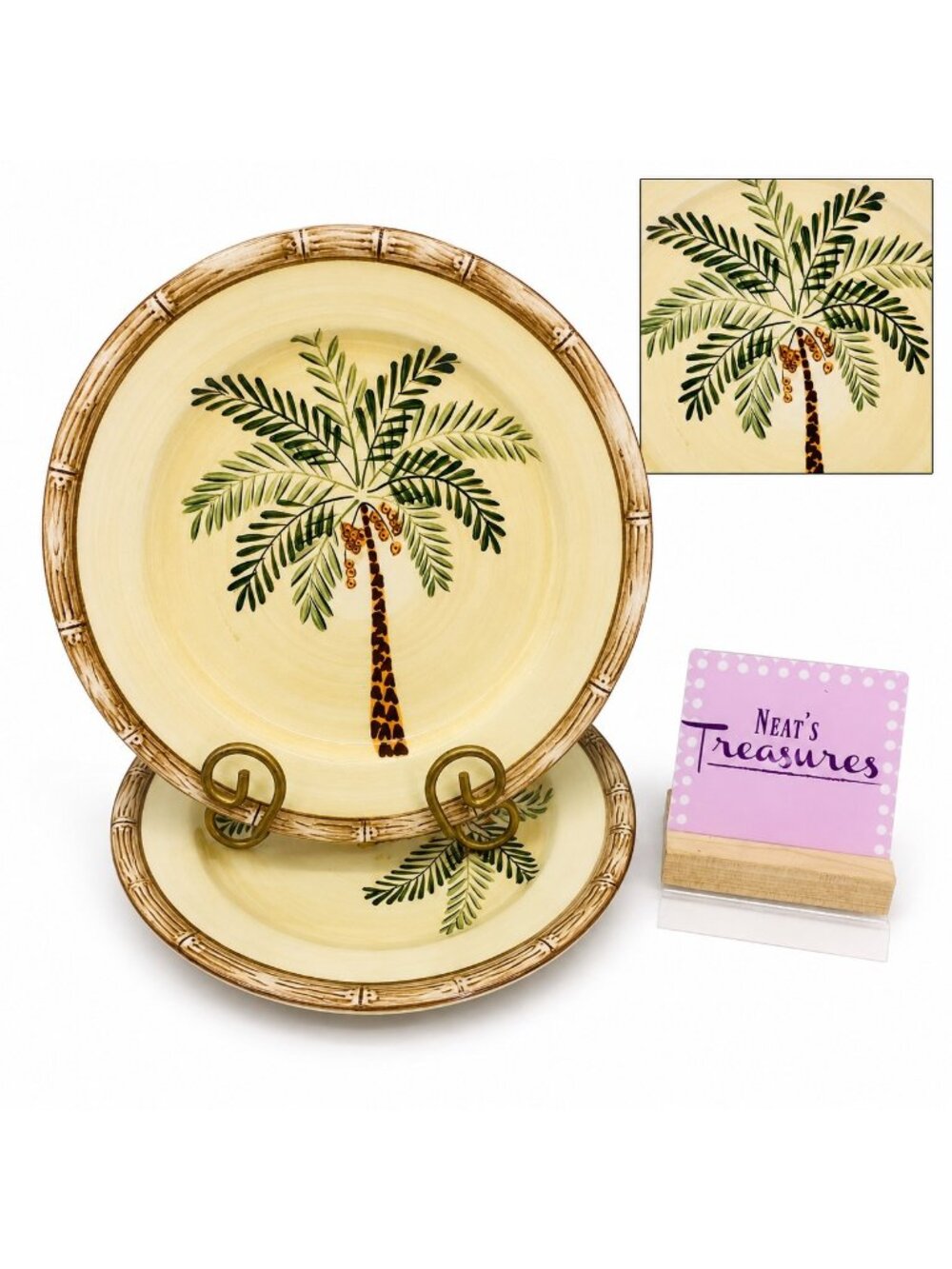 Home Trends WEST PALM Bamboo Border Tropical Earthenware Dinner Plates Set of 2